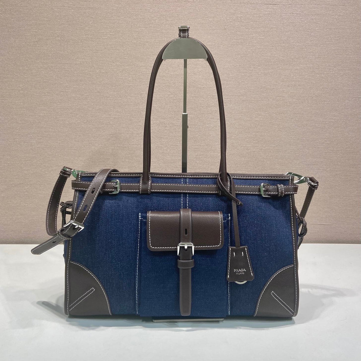 Prada 2026 Bonnie Bag 38cm Blue Brown Denim Leather 351797