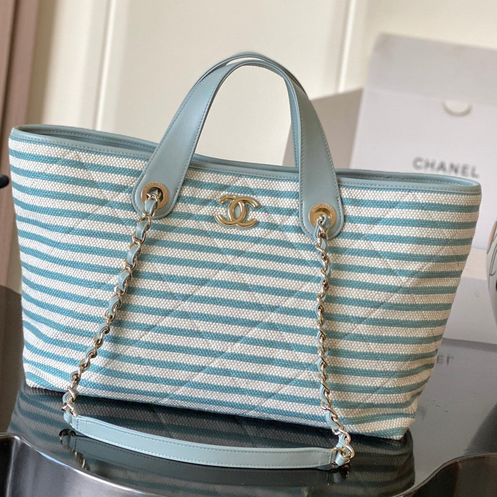 Chanel 2026 Deauville Tote Bag 46cm Light Blue mix White Canvas Leather 331129